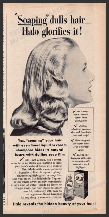 Halo Shampoo Hair 1940s Print Advertisement Ad 1948 "Halo glorifies dull hair" Fetch-the-Paper
