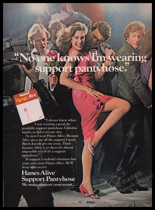 Hanes Alive Support Pantyhose 1980s Print Advertisement Ad 1980 Paparazzi Fetch the Paper!