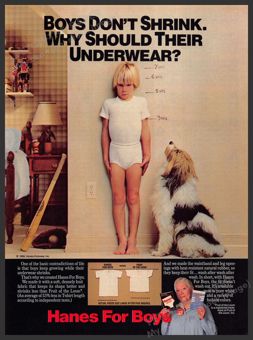 Hanes for Boys 1980s Print Advertisement Ad 1986 Underwear Dog Growth Chart Hanes