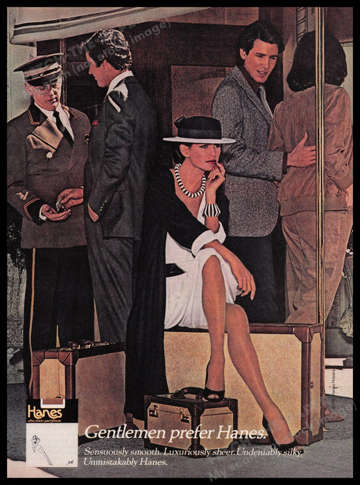 Hanes Hosiery 1980s Print Advertisement Ad 1980 Gentlemen Prefer Hotel Luggage Fetch the Paper!