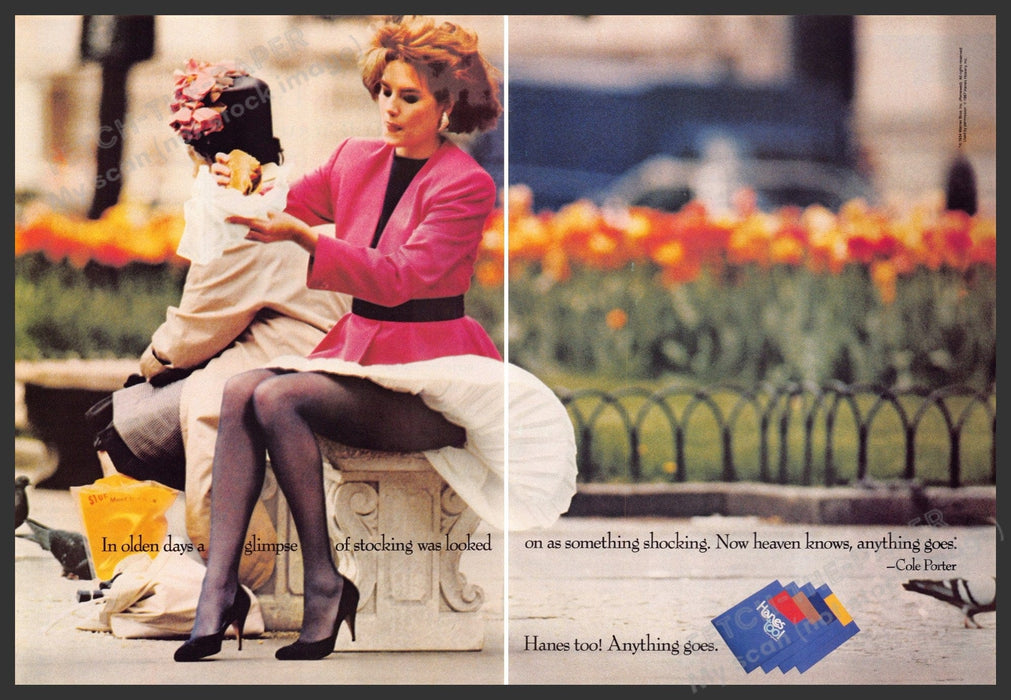 Hanes Too Hosiery 1980s Print Advertisement Ad (2 pages) 1987 Skirt Blowing Hanes