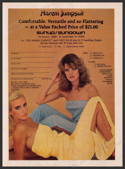 Harem Jumpsuit Sunup / Sundown 1980s Print Advertisement 1981 Shoulders Girls Fetch-the-Paper