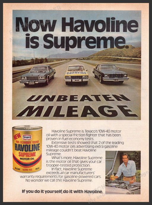 Havoline Supreme Texaco 1970s Print Advertisement 1979 Motor Oil Cars Havoline