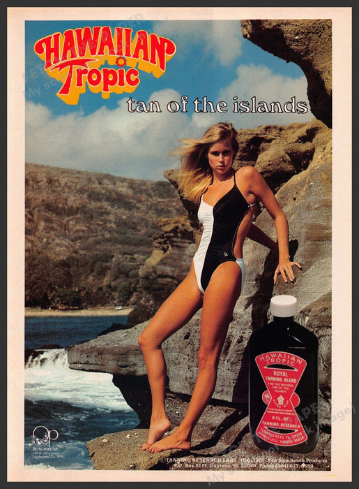 Hawaiian Tropic 1980s Magazine Print Advertisement 1981 Royal Islands Legs Fetch-the-Paper