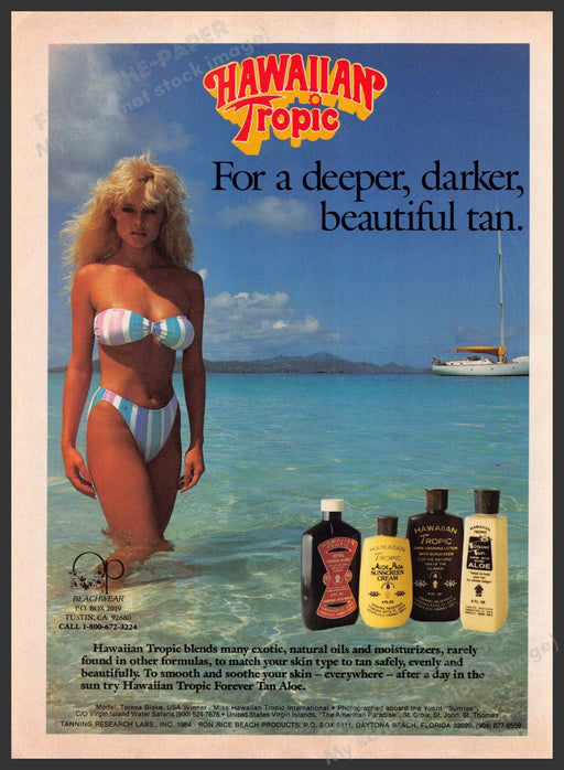 Hawaiian Tropic 1980s Magazine Print Advertisement 1984 Tan Striped Bikini Hawaiian Tropic