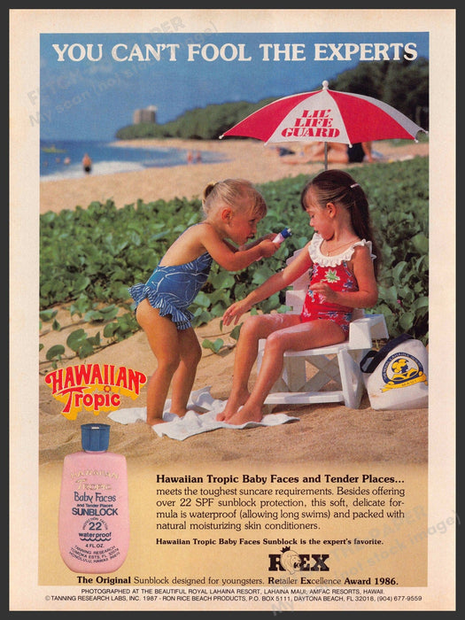 Hawaiian Tropic 1980s Magazine Print Advertisement 1987 Baby Faces Beach Hawaiian Tropic