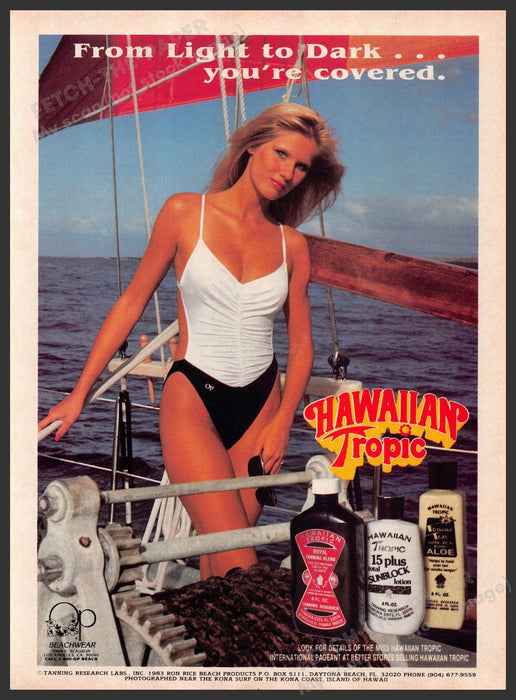 Hawaiian Tropic 1980s Print Advertisement 1983 Suntan Legs Sailboat Fetch-the-Paper