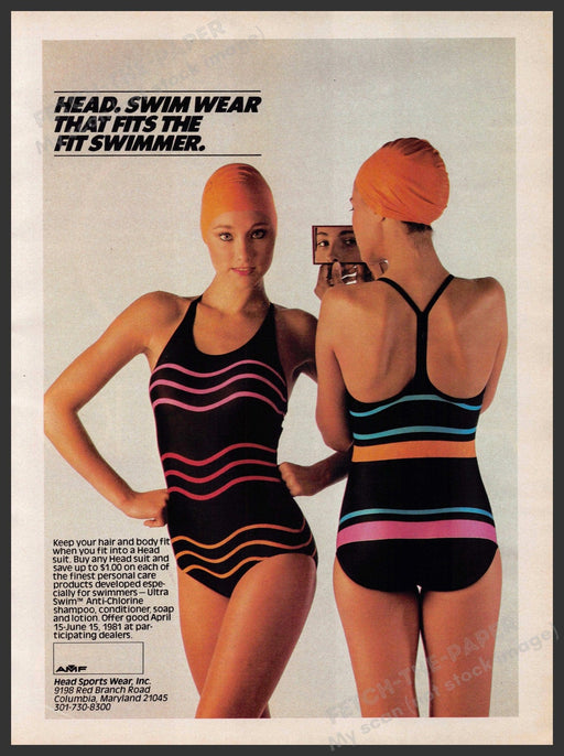 Head Sports Wear 1980s Print Advertisement 1981 Legs Swimming Caps Head Sports Wear