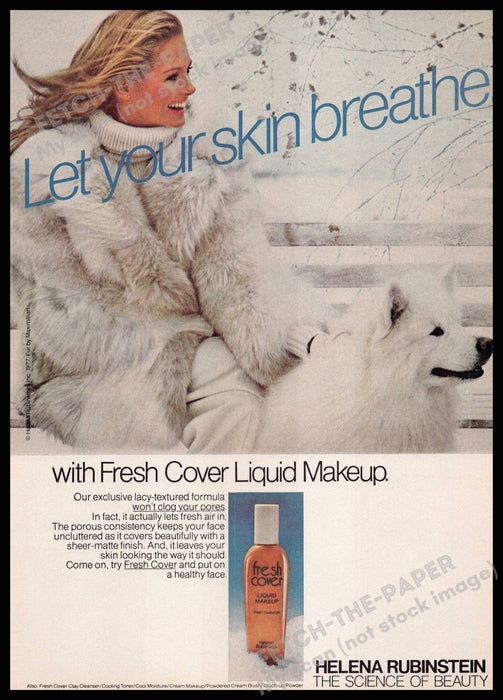 Helena Rubinstein 1970s Print Advertisement 1977 Samoyed Dog Winter Snow Helena Rubinstein