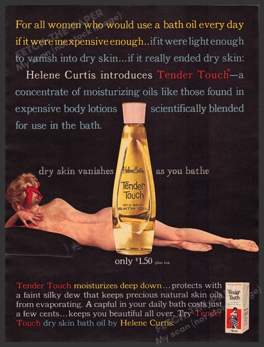 Helene Curtis Tender Touch 1960s Print Advertisement Ad 1961 Bare Bath Oil Helene Curtis
