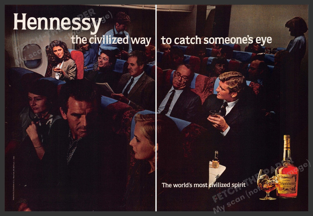 Hennessy 1980s Print Advertisement (2 pg) 1986 Airplane Cabin The Civilized Way Fetch-the-Paper