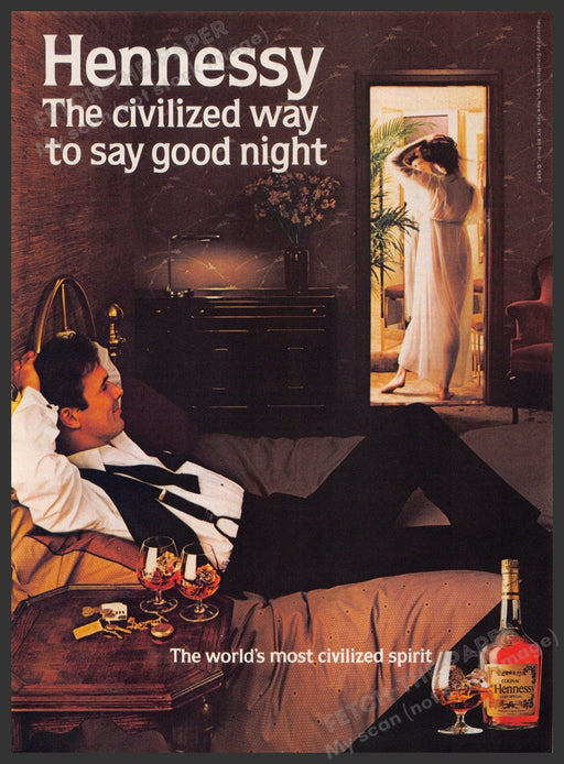 Hennessy Cognac 1980s Print Advertisement 1983 "Civilized way to say good night" Fetch-the-Paper