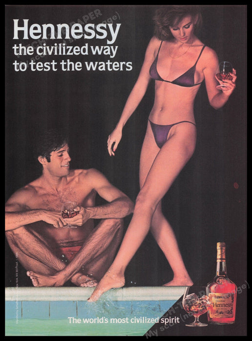 Hennessy Cognac 1980s Print Advertisement Ad 1985 Couple Pool Underwear Fetch-the-Paper