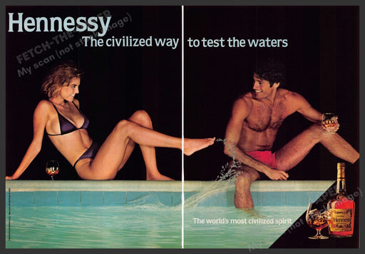 Hennessy Sexy Couple Pool Bikini 1980s Print Advertisement Ad (2 pages) 1985 Hennessy