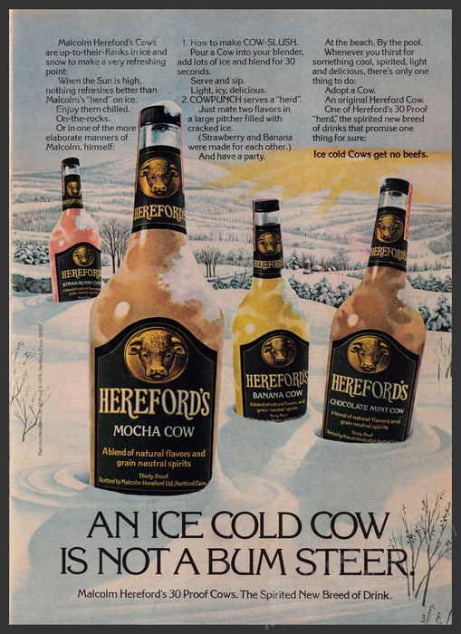 Hereford's 1970s Print Advertisement 1976 "An ice cold cow is not a bum steer" Fetch-the-Paper