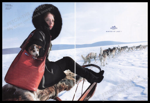Hermes Paris 2000s Print Advertisement (2 pages) 2009 Alaskan Malamute Dogsled Fetch the Paper!