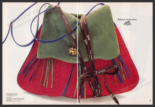 Hermes Paris Handbags 1980s Print Advertisement (2 pages) 1988 "Savage elegance" Fetch-the-Paper