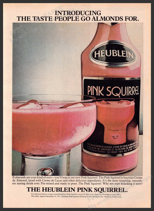 Heublein Pink Squirrel 1970s Print Advertisement 1977 "People go almonds for" Fetch-the-Paper