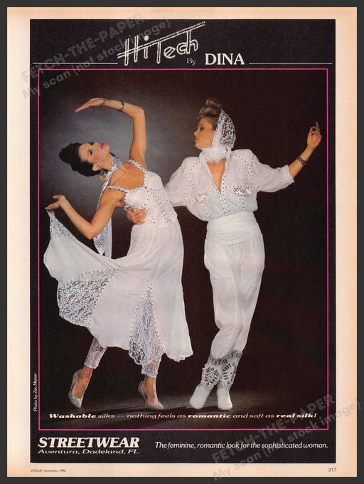 Hi Tech by Dina Clothing 1980s Print Advertisement 1986 Washable Silks Fetch-the-Paper
