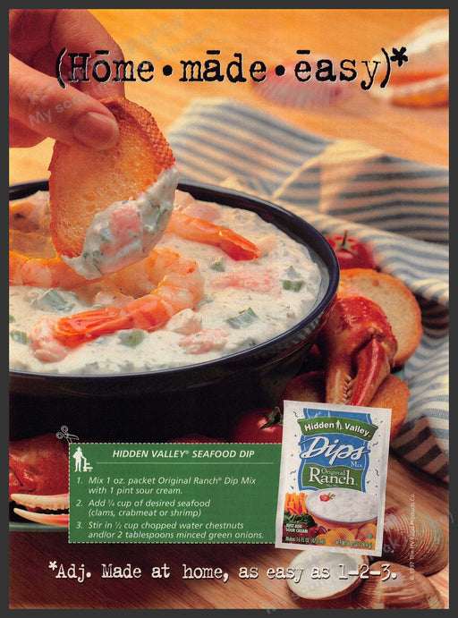 Hidden Valley 1990s Print Advertisement 1998 Ranch "Seafood Dip" Recipe Hidden Valley
