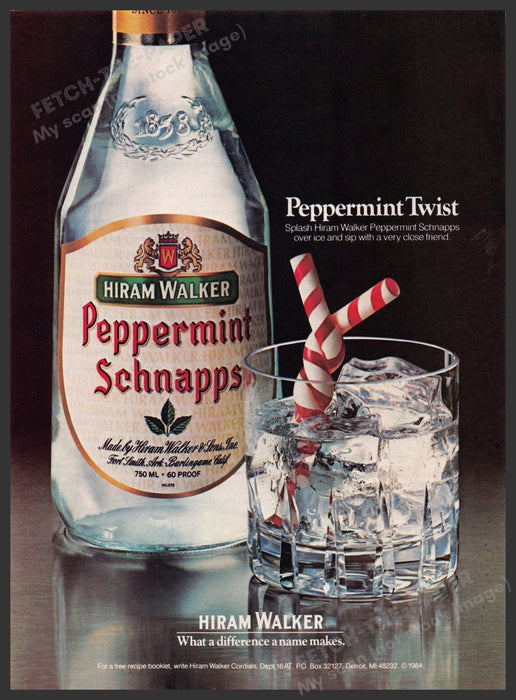 Hiram Walker 1980s Print Advertisement 1986 Peppermint Schnapps Twist Straws Fetch-the-Paper