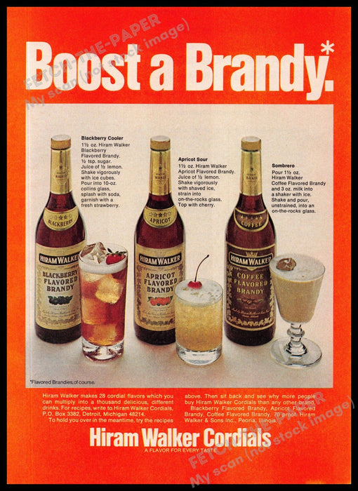 Hiram Walker Cordials 1970s Magazine Print Ad 1975 "Boost a Brandy" Hiram Walker