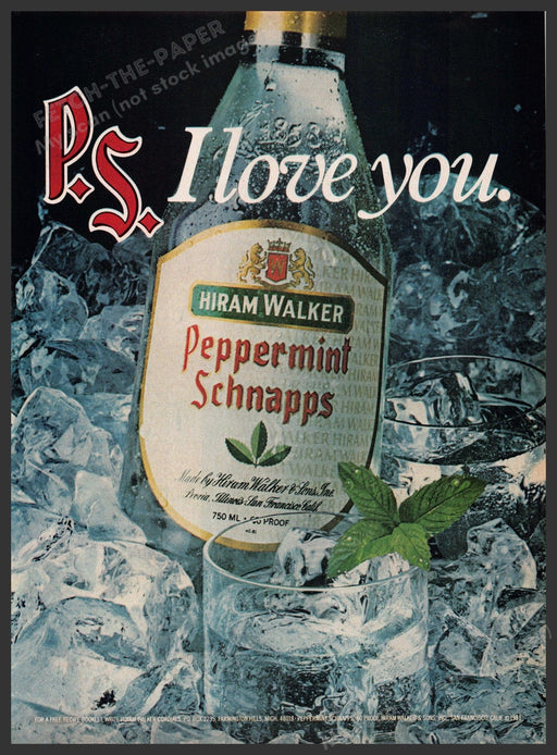 Hiram Walker Peppermint Schnapps 1980s Print Advertisement 1981 "PS I love you" Hiram Walker Peppermint Schnapps
