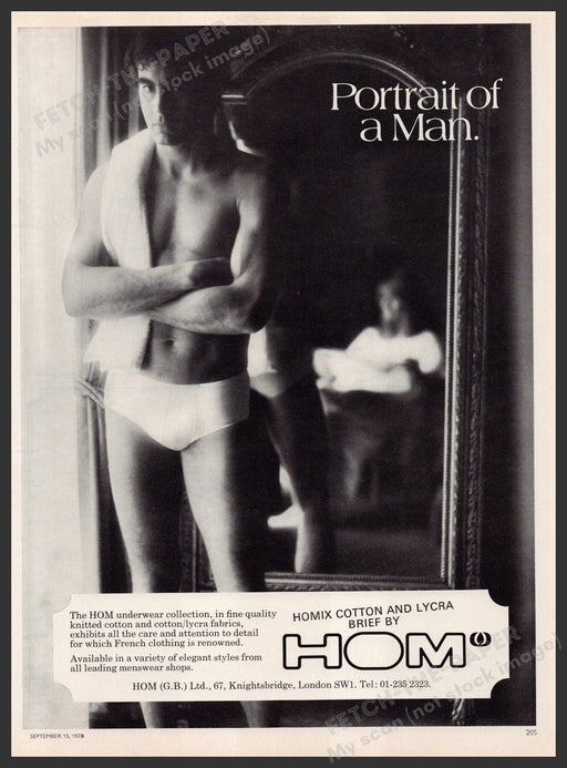 HOM Men's Underwear 1970s Print Advertisement Ad 1978 "Portrait of a Man" Fetch-the-Paper