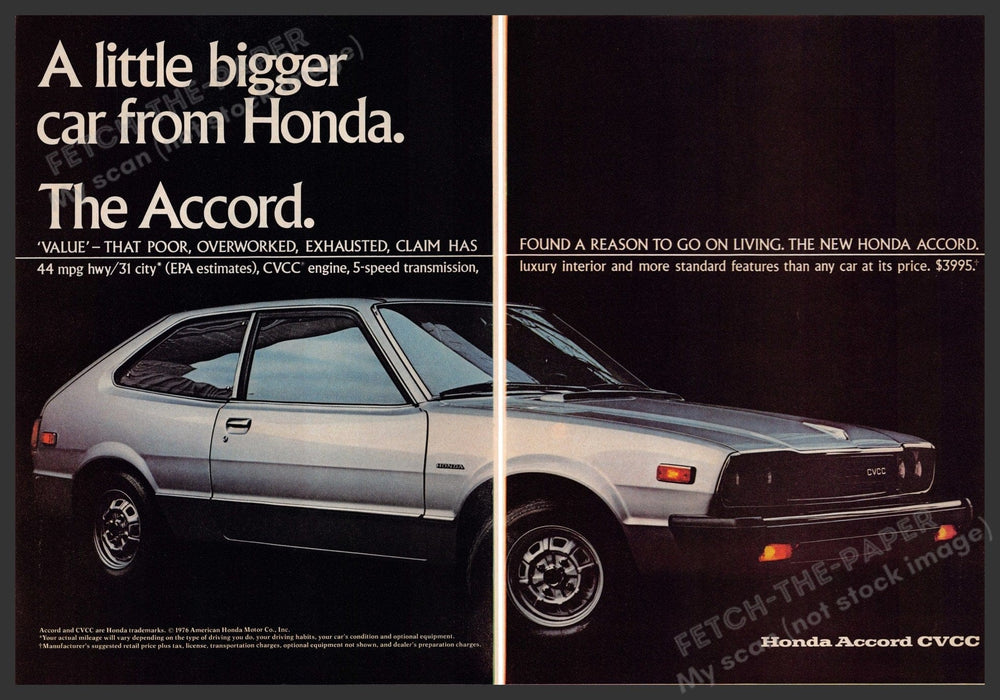 Honda Accord 1970s Print Advertisement (2 page) 1976 "A little bigger car" Fetch-the-Paper