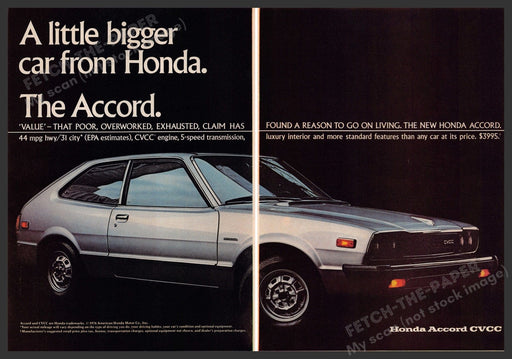 Honda Accord 1970s Print Advertisement (2 page) 1976 "A little bigger car" Fetch-the-Paper