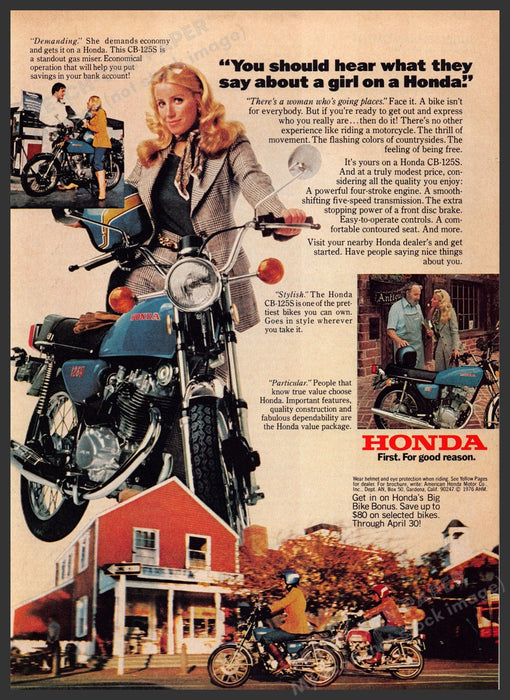 Honda CB-125S 1970s Print Advertisement 1976 Motorcycle Girl Couple Riding Fetch-the-Paper