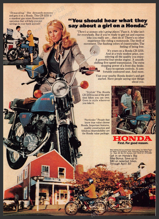 Honda CB-125S 1970s Print Advertisement 1976 Motorcycle Girl Couple Riding Fetch-the-Paper