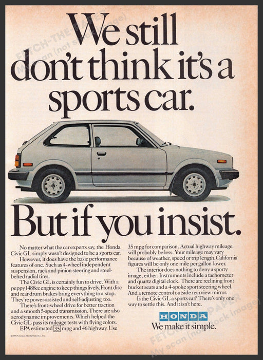 Honda Civic GL 1980s Print Advertisement 1982 Not a Sports Car Fetch-the-Paper