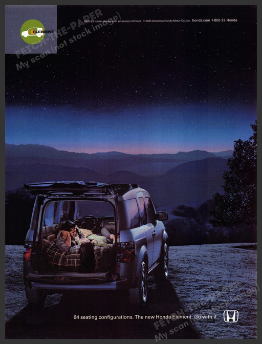Honda Element 2000s Print Advertisement 2003 Camping Inside At Night Fetch-the-Paper