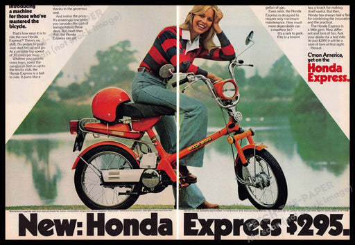 Honda Express 1970s Print Ad (2 pages) 1977 Woman Motor Bike Honda Express