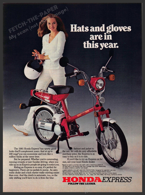Honda Express Scooter 1980s Print Advertisement 1981 "Hats gloves in this year" Honda