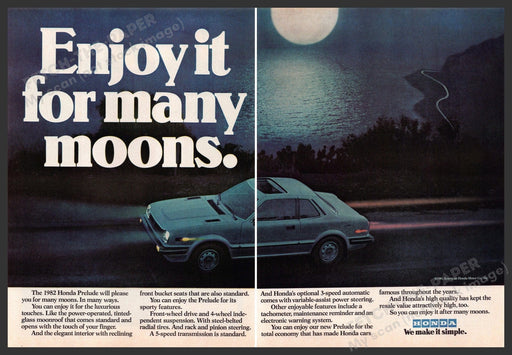 Honda Prelude 1980s Print Advertisement (2 pages) 1982 "Enjoy it for many moons" Honda