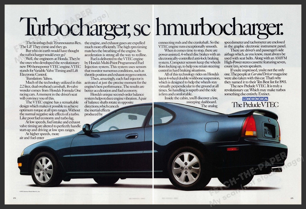 Honda Prelude VTEC Car 1990s Print Advertisement (2 Page) 1993 Fetch-the-Paper
