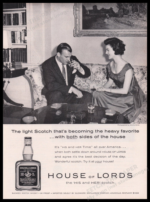 House of Lords Scotch Whisky "His and Hers" 1950s Print Advertisement Ad 1959 Fetch the Paper!