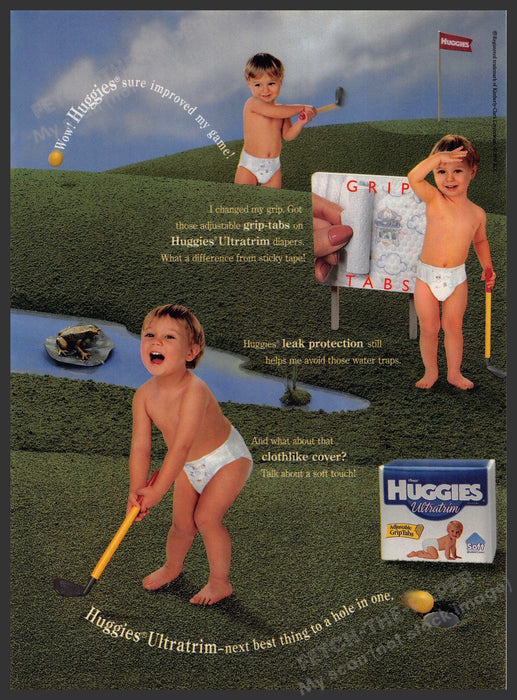 Huggies 1990s Print Advertisement Ad 1998 Ultratrim Toddlers Playing Golf Huggies