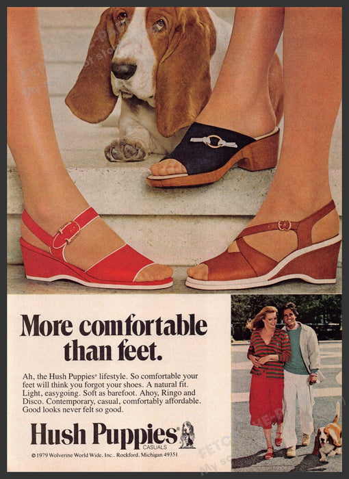 Hush Puppies 1970s Print Advertisement 1979 Bassett Hound Legs Feet Dog Fetch-the-Paper