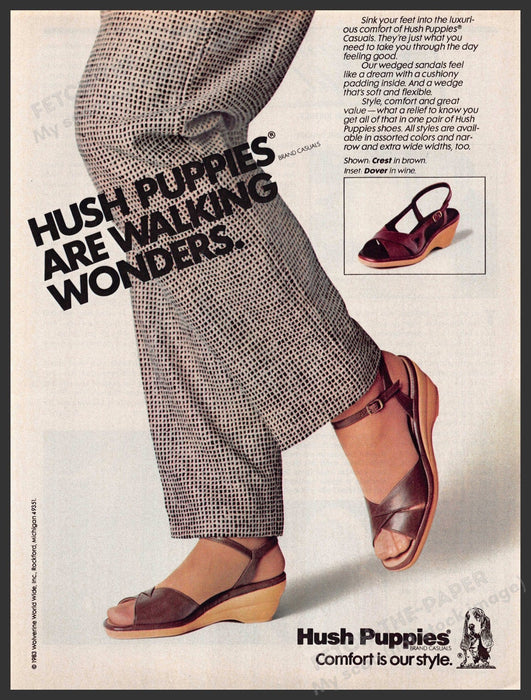 Hush Puppies 1980s Print Advertisement Ad 1983 Shoes Walking Wonders Feet Hush Puppies