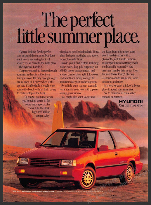 Hyundai Excel GS 1980s Print Advertisement 1989 Surfboard Beach Sunset Hyundai Excel GS