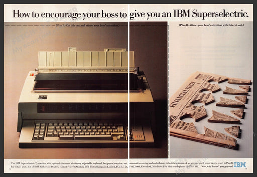 IBM Superselectric Typewriter 1980s Print Advertisement (2 pages) 1986 Fetch-the-Paper