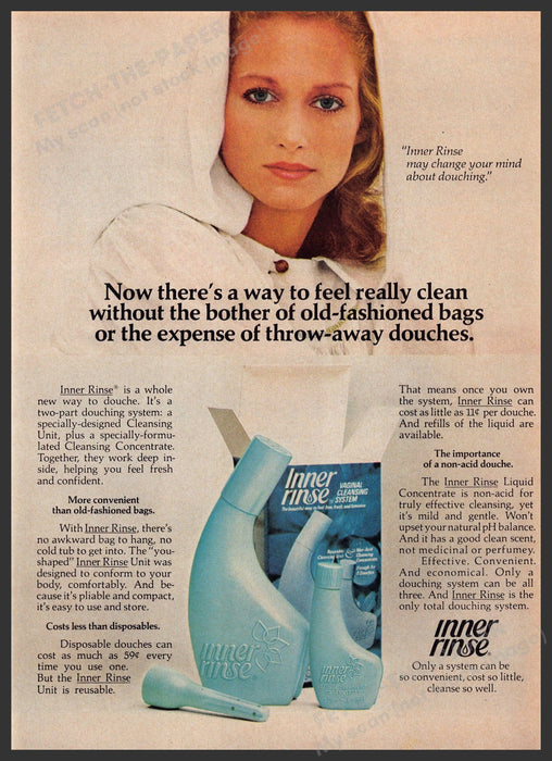Inner Rinse 1970s Print Advertisement 1976 Fresh Feel Clean Feminine Cleanser Fetch-the-Paper