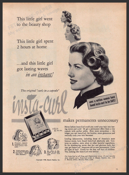 Insta-Curl Home Hair Permanent 1940s Print Advertisement Ad 1949 Fetch-the-Paper