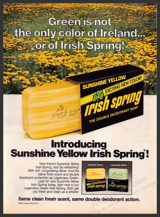 Irish Spring 1980s Magazine Print Advertisement 1981 Sunshine Yellow Fetch-the-Paper
