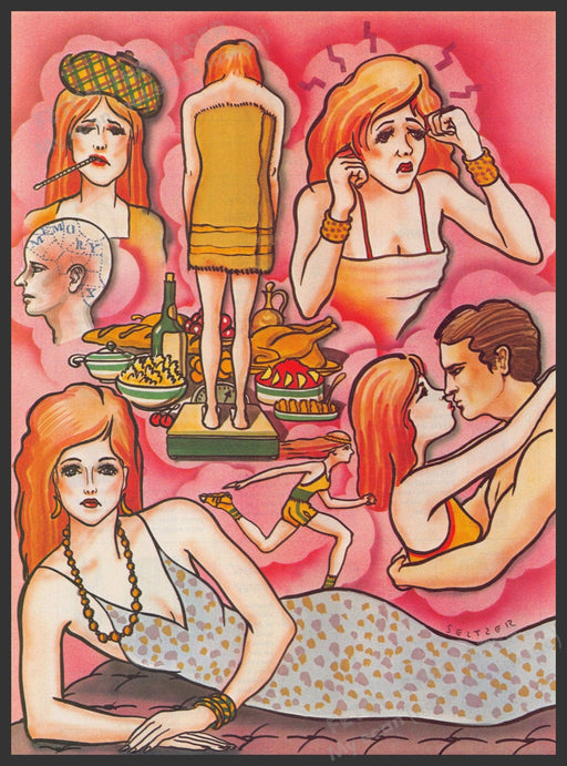 Isador Seltzer Artist 1980s Magazine Illustration 1985 Woman Dieting Struggle Fetch-the-Paper