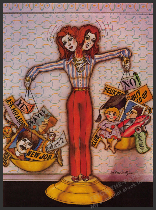 Isadore Seltzer Artist 1980s Magazine Illustration 1981 Woman Weighing Options Fetch-the-Paper