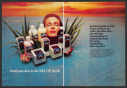 Isle of Aloe Skin 1980s Print Advertisement (2pg centerfold) 1984 Water Products Fetch-the-Paper